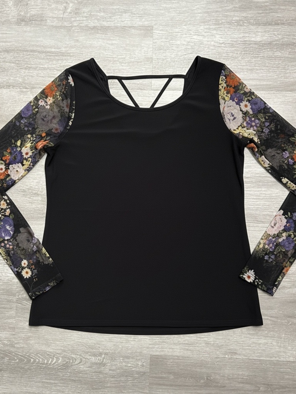white birch Black Long-Sleeve Top with Floral Mesh Sleeves